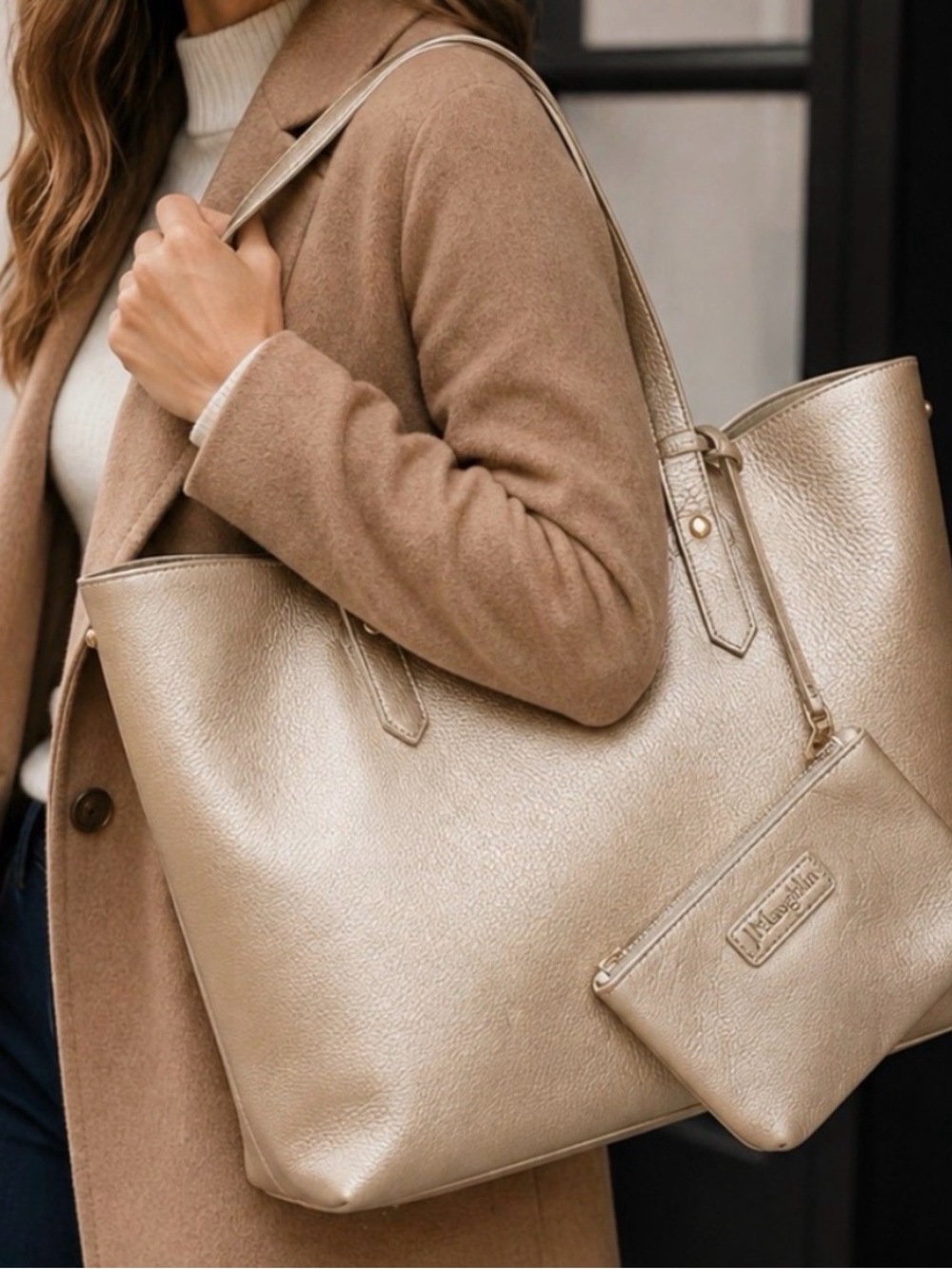J McLaughlin Champagne Pebbled Leather Annie Tote with Matching Pouch, EUC